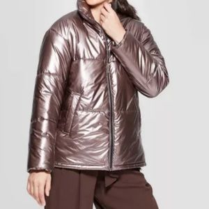 A New Day Womens Rose Gold Metallic Chrome Puffer Winter Jacket